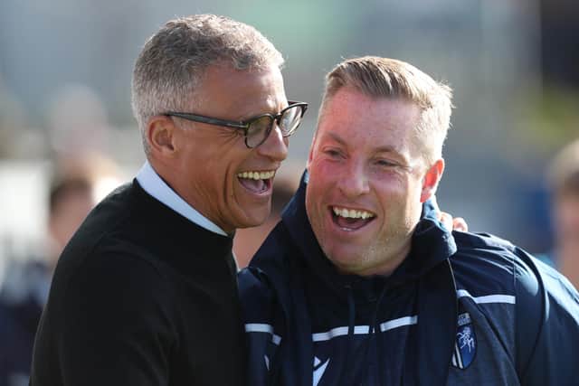 Hartlepool United Interim manager Keith Curle and Gillingham manager Neil Harris share a joke ahead of their goalless draw at the Suit Direct Stadium. (Credit: Mark Fletcher | MI News)