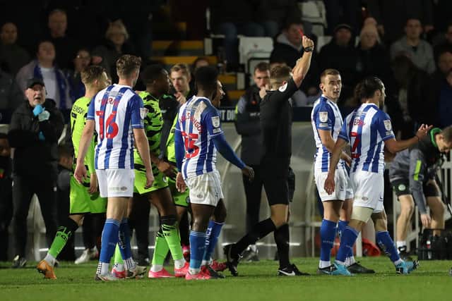 HHartlepool United's Jamie Sterry is sent off by referee Steve Martin  during the Sky Bet League 2 match between Hartlepool United and Forest Green Rovers at Victoria Park, Hartlepool on Saturday 20th November 2021. (Credit: Mark Fletcher | MI News)