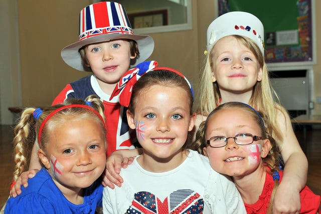 Clavering Primary School pupils Matthew Moore, Christine Byson, Macy Thornton, Rebecca Stevens and Ruby Stevens get ready to celebrate the Jubilee in 2012.