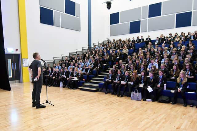 Chris delivering the STEM lecture to pupils.  Picture by Frank Reid