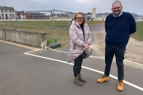 Councillors Sue Little and Mike Young beside the site of the new public toilets being built at Seaton Carew.