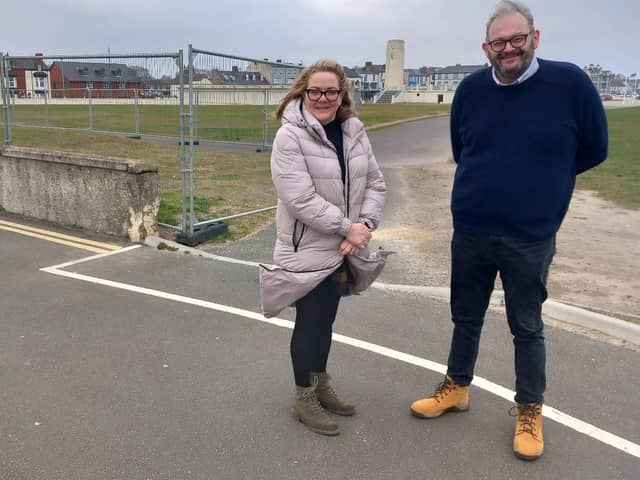 Councillors Sue Little and Mike Young beside the site of the new public toilets being built at Seaton Carew.
