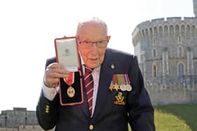 Captain Sir Tom Moore, who raised over £32 million for the NHS during the coronavirus pandemic, after receiving his knighthood at Windsor Castle. Photo: Getty Images.