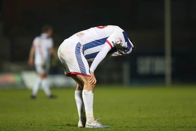 Edon Pruti of Hartlepool United after their defeat to Newport County in League Two. (Photo: Mark Fletcher | MI News)