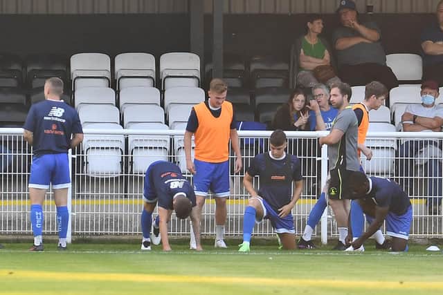Hartlepool United players warming up at Spennymoor Town (photo: Frank Reid).