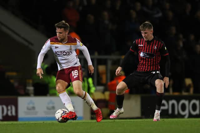 Elliot Watt of Bradford City in action during the Sky Bet League 2 match between Bradford City and Hartlepool United at the Coral Windows Stadium, Bradford on Tuesday 19th October 2021. (Credit: Will Matthews | MI News)