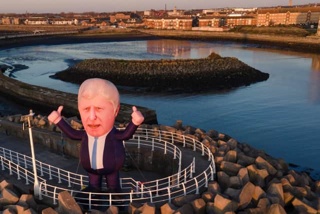 The large inflatable Boris Johnson put up at Hartlepool marina early on April 23 by a group calling themselves The Wombles of Hartlepool.