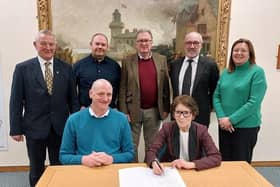 Pictured at the signing of the charter are, seated, Councillor Shane Moore and Dalton Piercy Parish Council chair Lyn Noble. Also signing are, standing from second left, parish council chairs Councillors David Woodward (Elwick), John Littlefair (Hart), James Willson (Headland) and Hartlepool Borough Council managing director Denise McGuckin. The Ceremonial Mayor of Hartlepool, Councillor Brian Cowie, standing far left, hosted the proceedings.