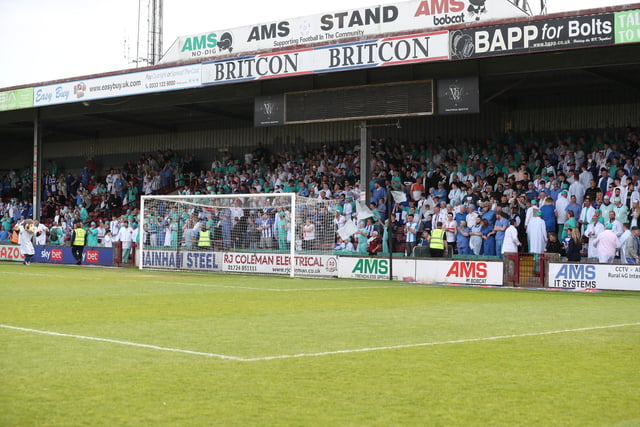 Hartlepool United supporters at their final away game of the season at Scunthorpe United. (Credit: Mark Fletcher | MI News)