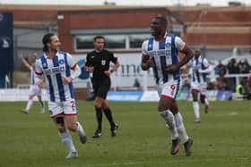 Josh Umerah scored his 14th goal of the season for Hartlepool United but it was not without controversy for Northampton Town. (Photo: Mark Fletcher | MI News)