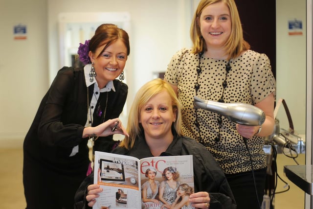Nicola Thompson of Families First at Poppy's hairdressers with Families First chairman Pam Hargreaves and Gemma Balderson (left) of Poppy's in 2012.