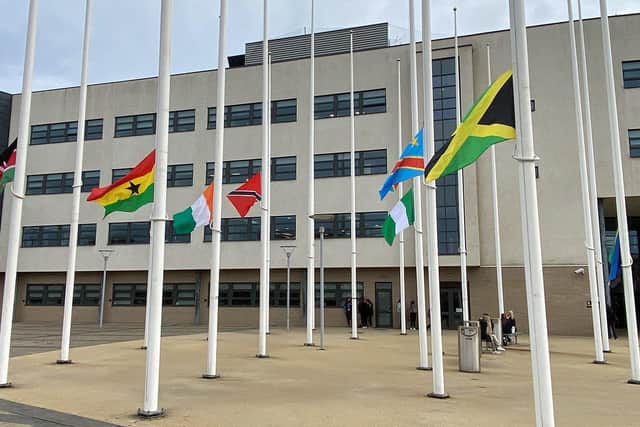 African Flags flying outside of the Hartlepool College of FE during Black History Month. Picture by FRANK REID