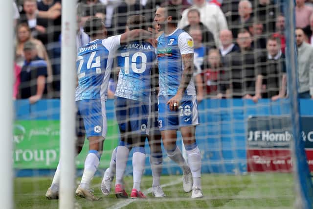 Barrow's Offrande Zanzala celebrates after scoring their first goal during the Sky Bet League 2 match between Barrow and Hartlepool United at Holker Street, Barrow-in-Furness on Saturday 14th August 2021. (Credit: Mark Fletcher | MI News)