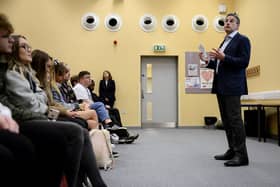 David Roberts Chairman of Nationwide Building Society talking about his life experiences to students at Hartlepool Sixth Form College. Picture by FRANK REID