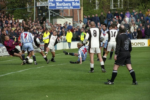 Joe Allon tries a shot as Hartlepool won 2-1 away at Darlington's Feethams ground in the 1996-1997 season. Picture by FRANK REID