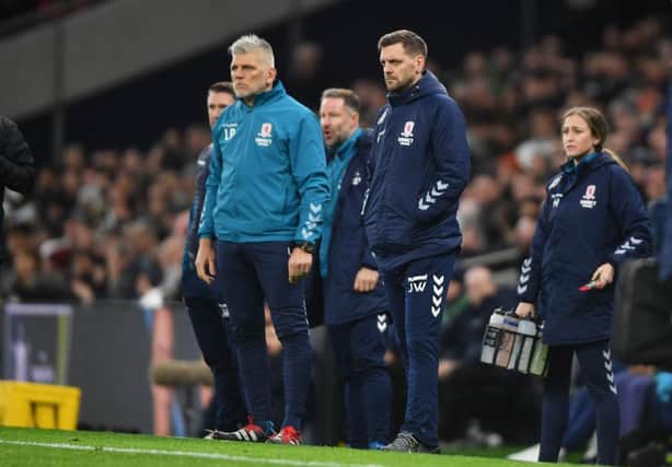Middlesbrough boss Jonathan Woodgate and members of his coaching staff.