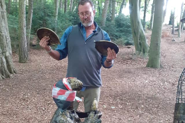 Artist Graeme Hopper, from Crook, with the damaged Sedgefield sculpture.