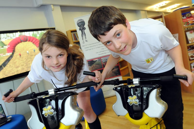A scene from the Cycle Challenge 2012 at South Shields Central Library. Pictured from the left are Abby Ryan, 12, and Aiden Fryer, 13.