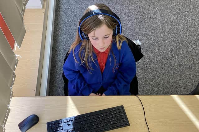 Caitlyn Phelan taking part in online tutoring sessions at Throston Primary School./Photo: Frank Reid