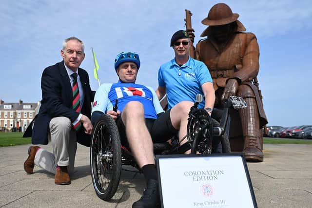 Mick Lynch (left), Headquarters Royal Yorkshire Regiment, Drew Thacker (right), Sherwood Foresters Regiment and Sales and Military Charity Liaison Office at Ice Trikes, with Lee Bullivant on his trike.