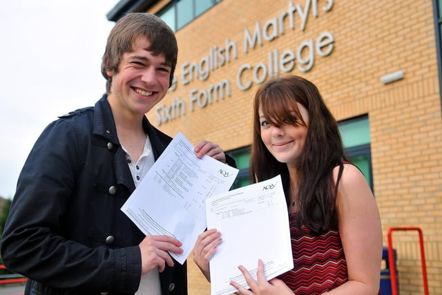 Nick Lyons and Sophie Rutherford celebrate their results at English Martyrs Sixth Form College in 2011.