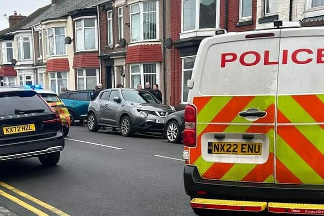 Police in Caledonian Road, Hartlepool, after a car ploughed into a house on February 15.