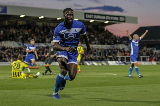 Hartlepool United's Gime Toure celebrates after scoring their second goal during the Vanarama National League match between Hartlepool United and AFC Fylde at Victoria Park, Hartlepool on Tuesday 13th August 2019. (Credit: Mark Fletcher | MI News)