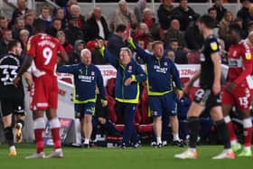 MIDDLESBROUGH, ENGLAND - SEPTEMBER 28: Middlesbrough manager Neil Warnock (c) and his staff point the team forward during the Sky Bet Championship match between Middlesbrough and Sheffield United at Riverside Stadium on September 28, 2021 in Middlesbrough, England. (Photo by Stu Forster/Getty Images)