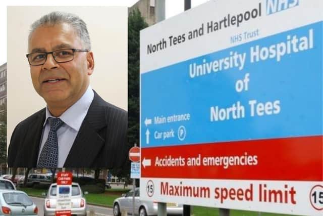 The University Hospital of North Tees, and inset: Deepak Dwarakanath, medical director of the hospital trust.