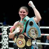 MANCHESTER, ENGLAND - JULY 01: Savannah Marshall poses for a photograph wearing her title belts whilst celebrating victory after defeating Franchon Crews-Dezurn during the IBF, WBA, WBC, WBO World Super Middleweight Title fight between Savannah Marshall and Franchon Crews-Dezurnat AO Arena on July 01, 2023 in Manchester, England. (Photo by Charlotte Tattersall/Getty Images)