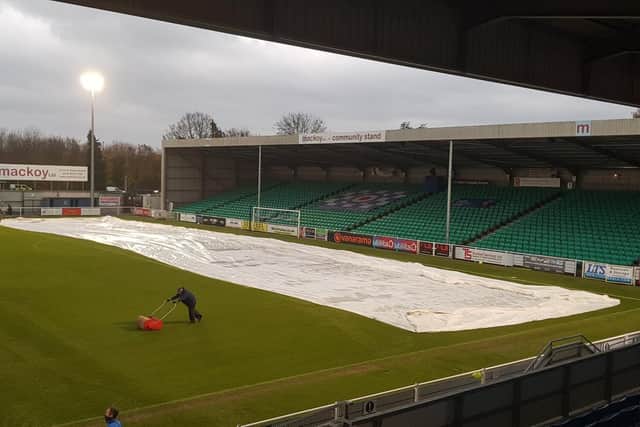 The rollers and covers were out at Eastleigh in an attempt to get the match to go ahead. Unfortunately, it lasted just 45-minutes.