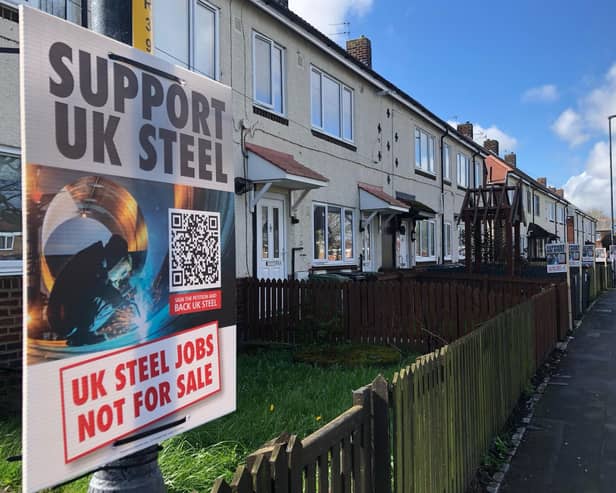 Estate agent style signs on Middleton Road, Hartlepool as part of Unite's steel campaign.