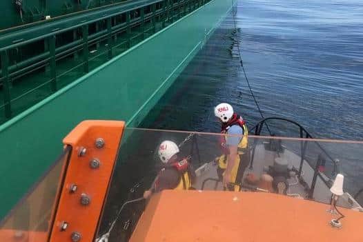 Volunteers from Hartlepool RNLI were called out to assist with a sailor who was suffering from breathing difficulties on a cargo ship. Photo: Hartlepool RNLI/Robbie Maiden.