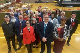 Hartlepool Labour group leader Councillor Brenda Harrison, left of front row, and Councillor Jonathan Brash, centre of front row, who is also the party's prospective Parliamentary candidate for the town, and fellow Labour members following their victory in the 2024 local elections.