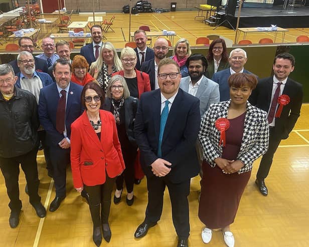 Hartlepool Labour group leader Councillor Brenda Harrison, left of front row, and Councillor Jonathan Brash, centre of front row, who is also the party's prospective Parliamentary candidate for the town, and fellow Labour members following their victory in the 2024 local elections.