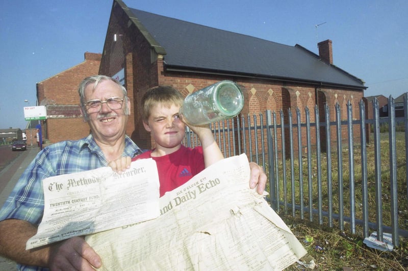 A time capsule was found  by builders refurbishing the former Methodist Church hall in Ethel Terrace, Castletown in August 1999.  Eric Frankland and his grandson, Colin Burnicle aged 8 at the time, were pictured with the time capsule and its contents from the old Methodist Hall in Castletown.