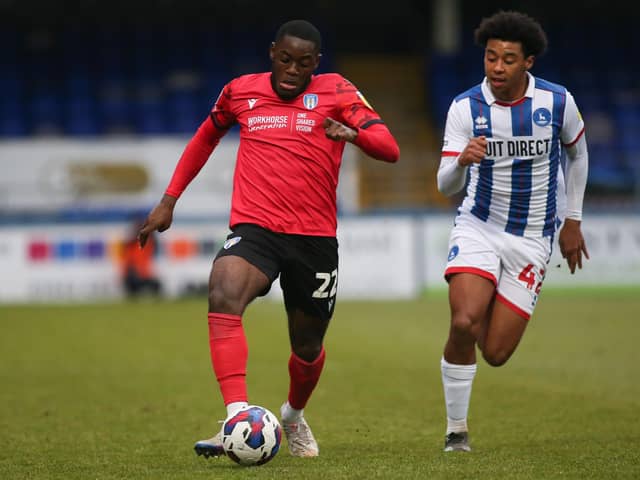 Colchester United's Junior Tchamadeu takes on Hartlepool United's Tayt Trusty at the Suit Direct Stadium (Credit: Michael Driver | MI News)