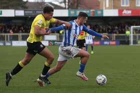 Luke Molyneux marked his 100th Hartlepool United appearance with a stunning goal. (Credit: Mark Fletcher | MI News)