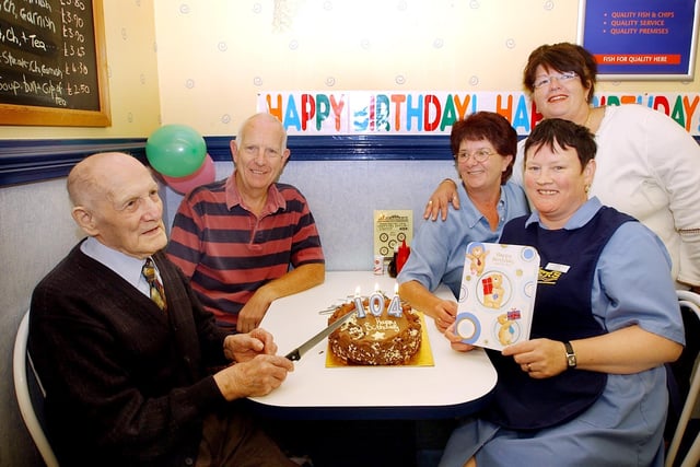 Joseph Savage celebrates his 104th birthday at Mariners in Middleton Grange Shopping Centre in 2004.