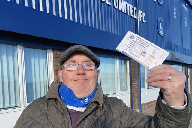 Hartlepool United supporter Kevin Moore with his semi-final tickets. Picture by FRANK REID