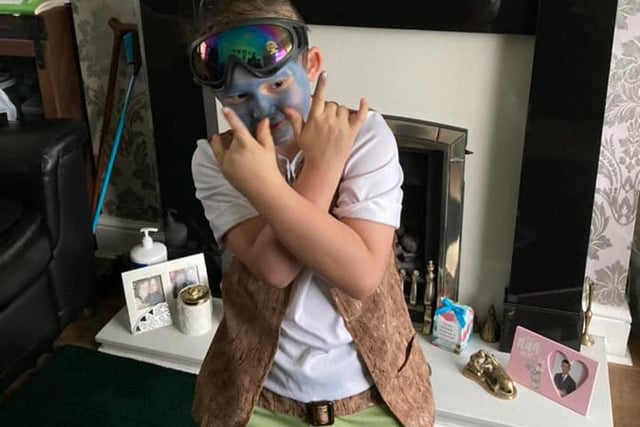 Kristin, aged seven, dressed up as John Dory the troll, from Trolls Band Together.
