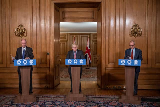 Chief Medical Officer, Chris Whitty, Prime Minister Boris Johnson and Government Chief Scientific Adviser, Sir Patrick Vallance. Picture: Jack Hill - WPA Pool/Getty Images.