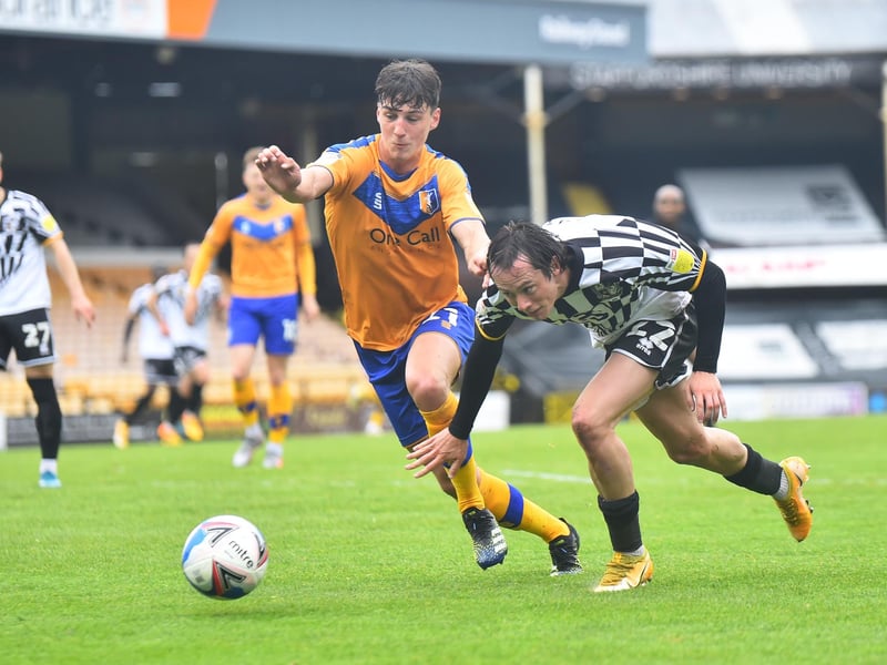 Harry McKirdy of Port Vale and James Clarke of Mansfield Town compete for the ball during the last game of the season at Vale Park.