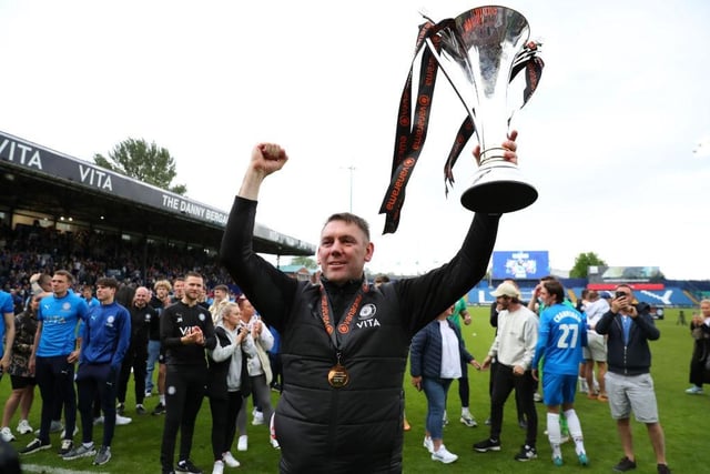 The early pre-season favourites in League Two are Stockport with Dave Challinor tipped for back-to-back league successes after clinching the National League title last season. (Photo by Alex Livesey/Getty Images)