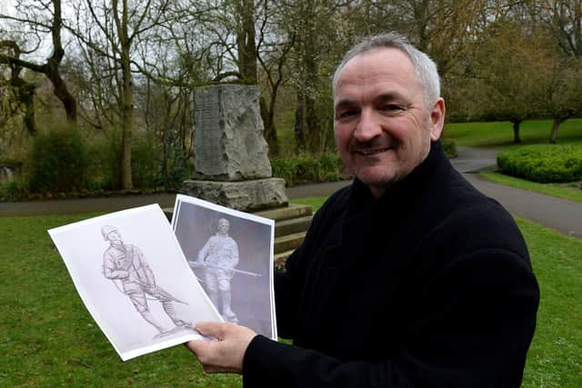 Stephen Close at the Boer War memorial in Ward Jackson Park. The drawing on the left has been selected for the design of the new statue. Picture by FRANK REID