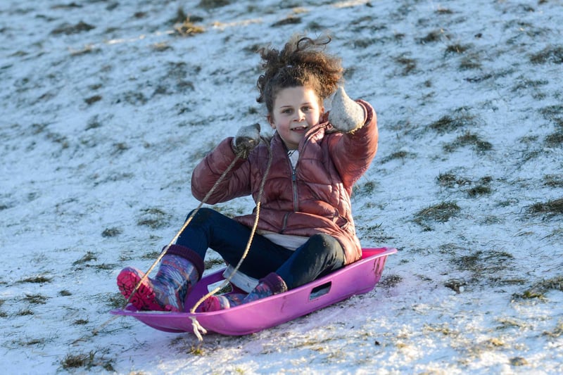 Daria Fada, 7, sledging downhill in Cleadon.