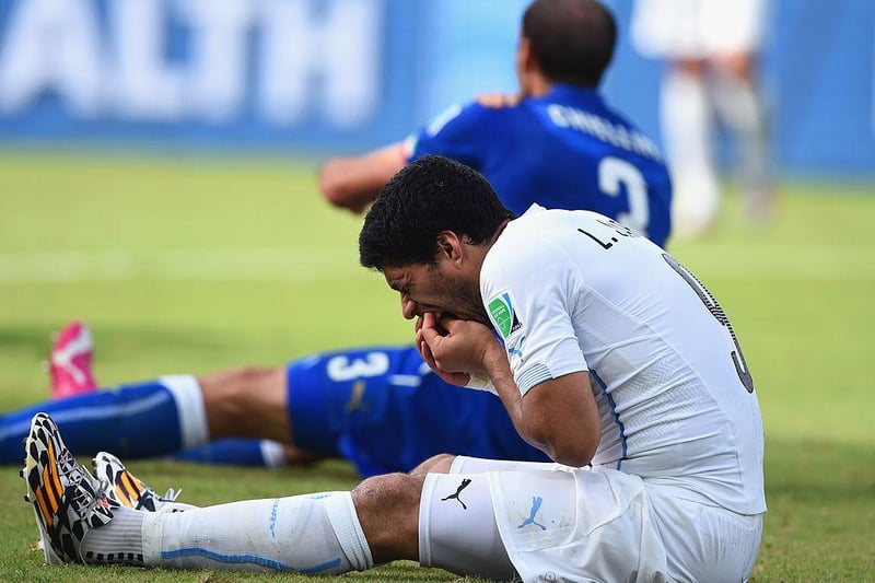 In a piece of weaselling straight out of the preschool playbook, Luis Suarez denied any wrongdoing for taking a bite out of Italian defender Giorgio Chiellini's shoulder during the 2014 World Cup by arguing that he had in fact fell, tooth-first, into his opponent. The problem, and in retrospect it's a bleeding obvious one, was that the match was being filmed from about a thousand different camera angles and the entire world was watching. But hey, god loves a trier.   

(Photo by Matthias Hangst/Getty Images)