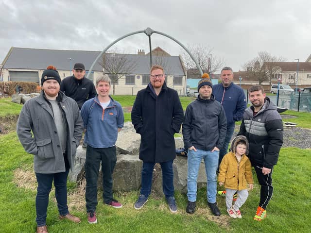 From left to right: Mark O’Neil, Matty Goodrick, Colm Simpson from Hartlepool Round Table with Councillor Jonathan Brash, Gavin James, Peter Davies and Jacob and James Black form Hartlepool Round Table at the Burbank play area.