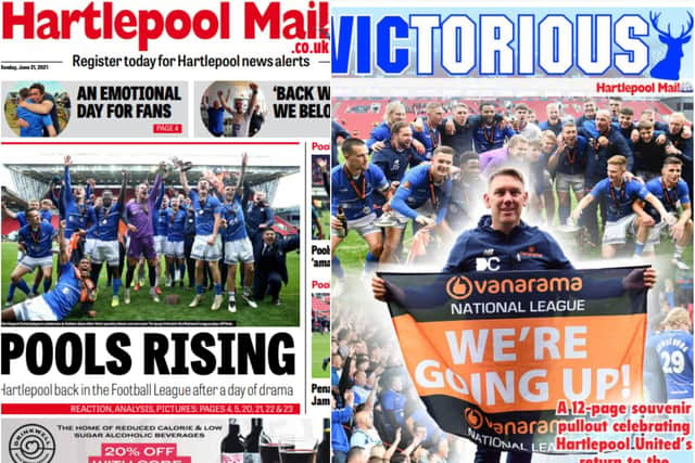 From left, the front page of Monday's Hartlepool Mail and the front cover of our promotion supplement from Wednesday's paper.