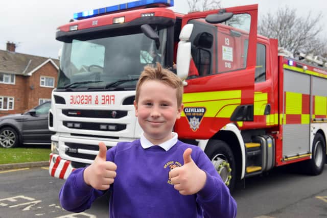 Grange Primary School pupil Victor Wilewski, received a surprise visit from Cleveland Fire Brigade pay.